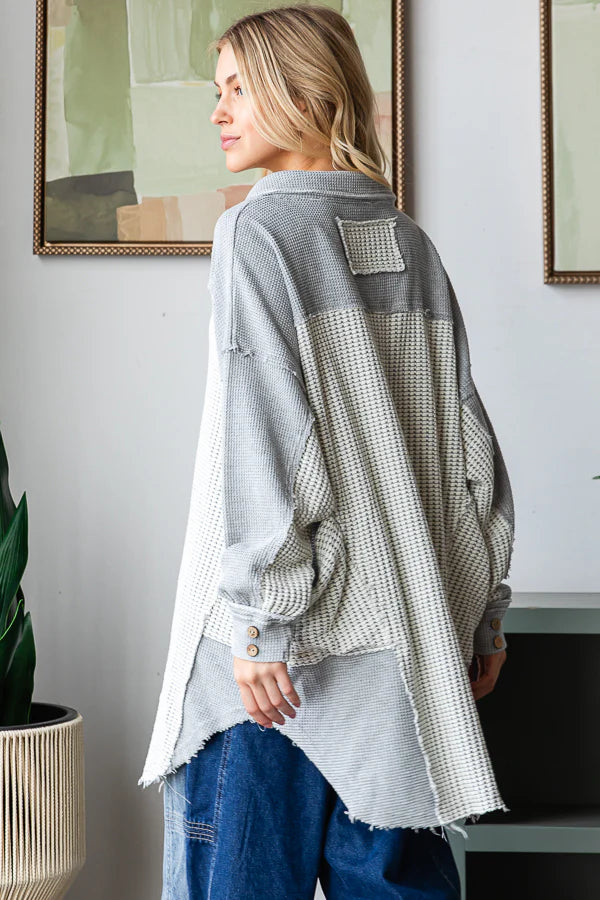 Georgie WASHED COLLARED NECK LONG SLEEVE WAFFLE TOP
