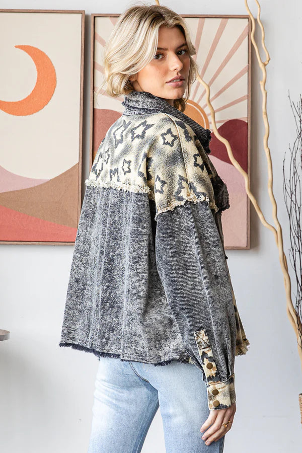 Idina WASHED STAR PRINT CORDUROY MIX JACKET-Black