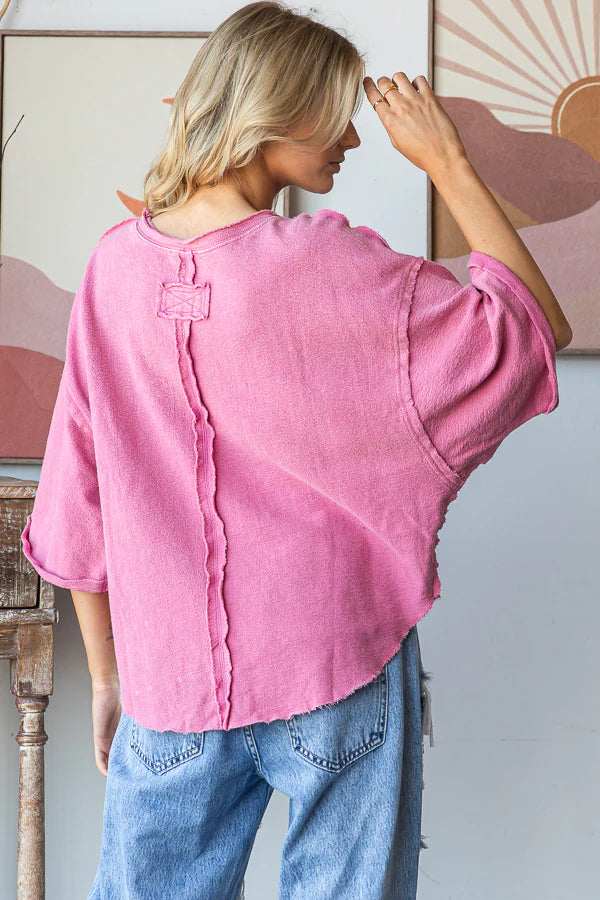 WASHED DROP SHOULDER RELAXED CROPPED TOP-Pink