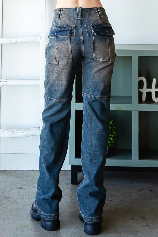 Shilo WASHED MID RISE CARGO STRAIGHT DENIM JEANS-Indigo