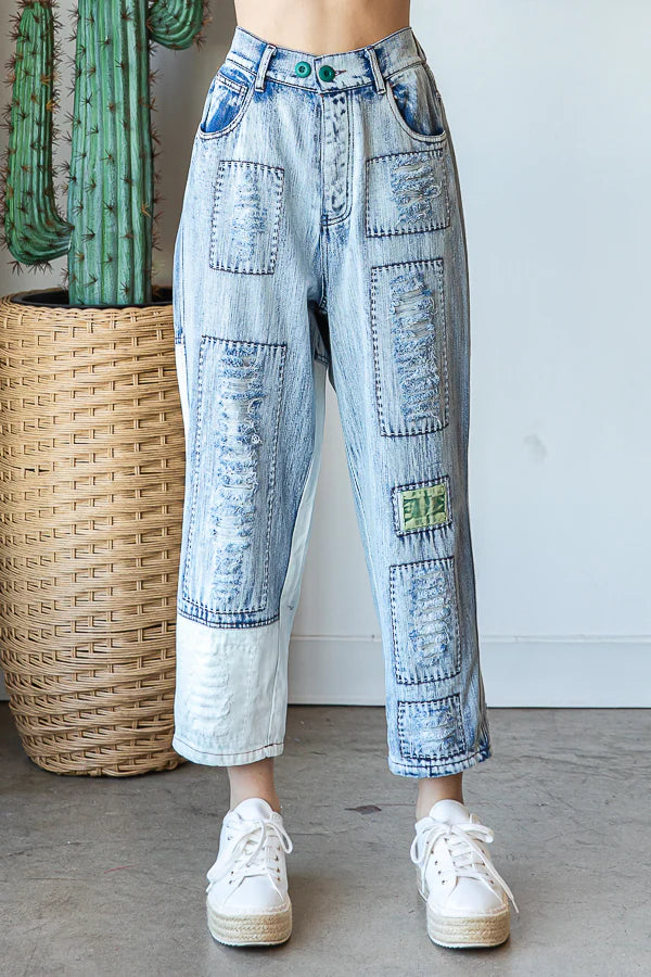 WASHED DISTRESSED PATCHWROK DENIM JEANS