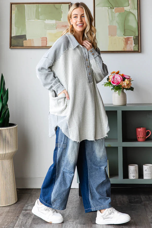 Georgie WASHED COLLARED NECK LONG SLEEVE WAFFLE TOP