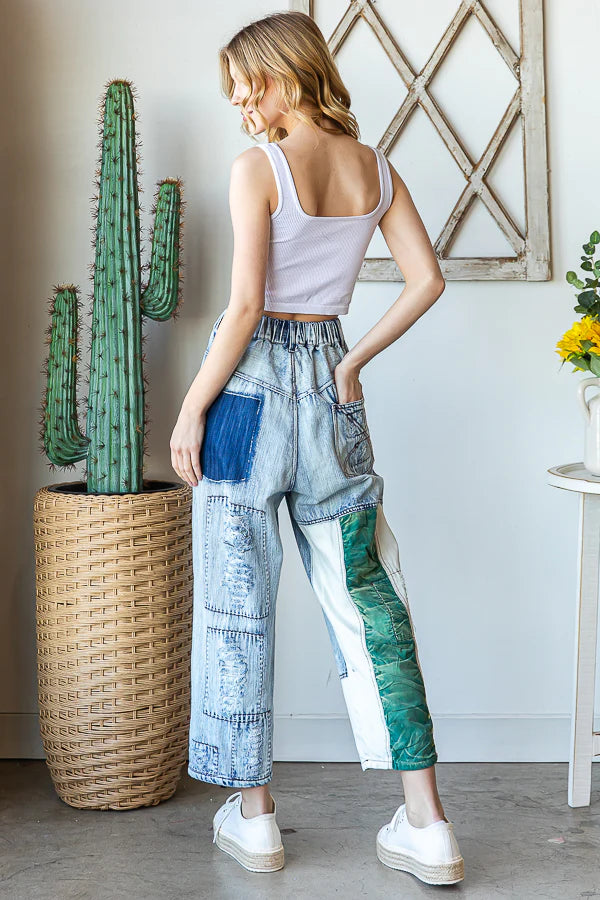 WASHED DISTRESSED PATCHWROK DENIM JEANS