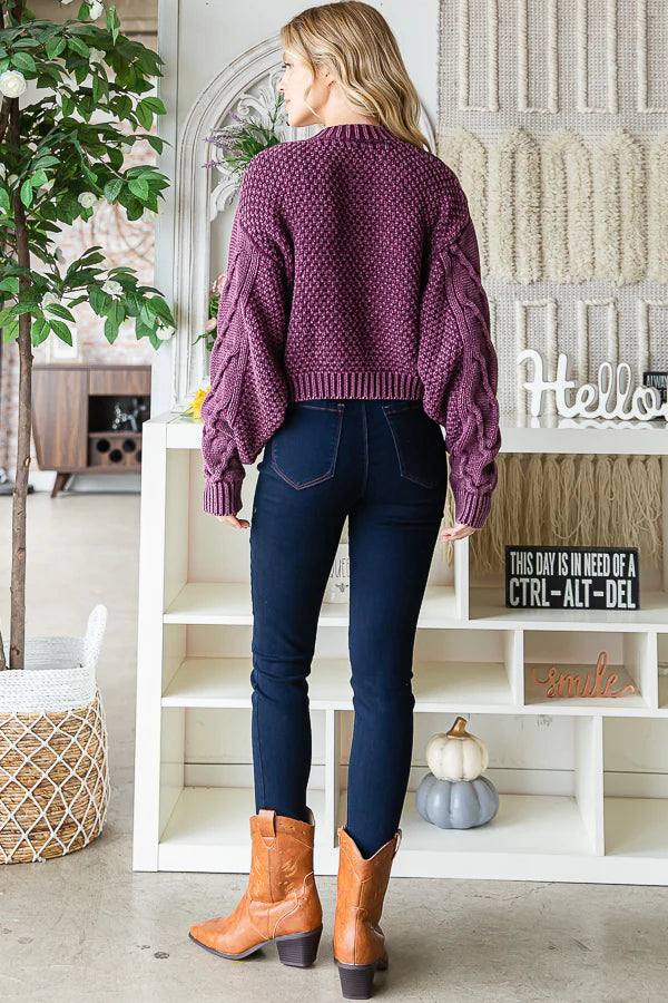 Jensen BUTTON FRONT LONG SLEEVE CROPPED SWEATER-Eggplant