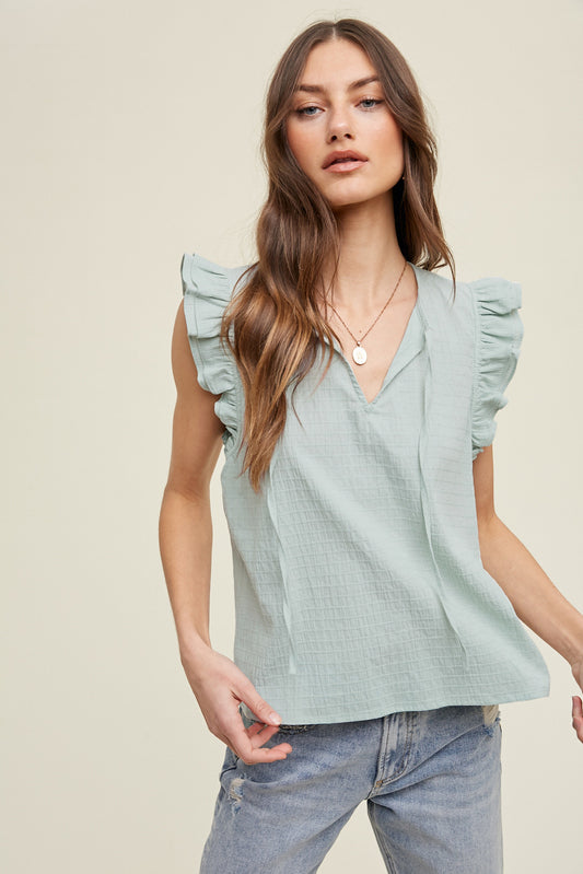 Caledon Blouse with Short Flutter Sleeves-Dusty Sage