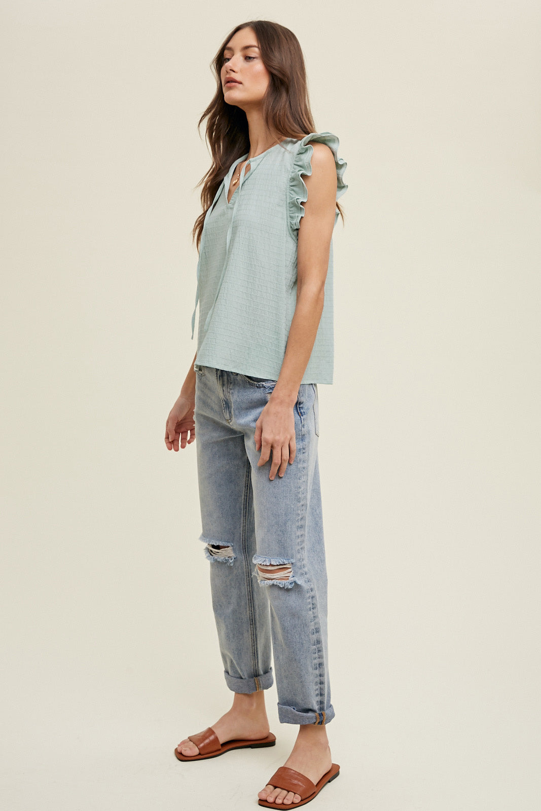 Caledon Blouse with Short Flutter Sleeves-Dusty Sage