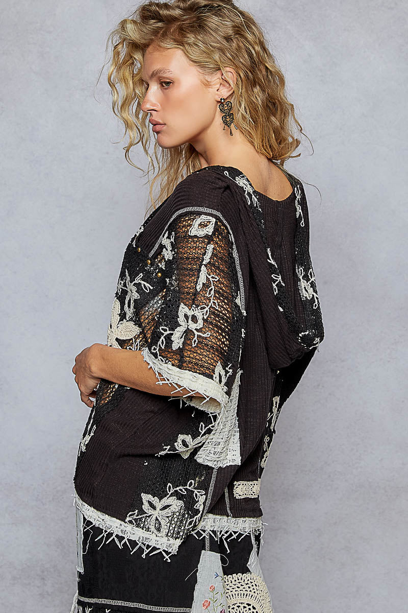 Silvana Loose Fit Hoodie with Lace Detail-Black