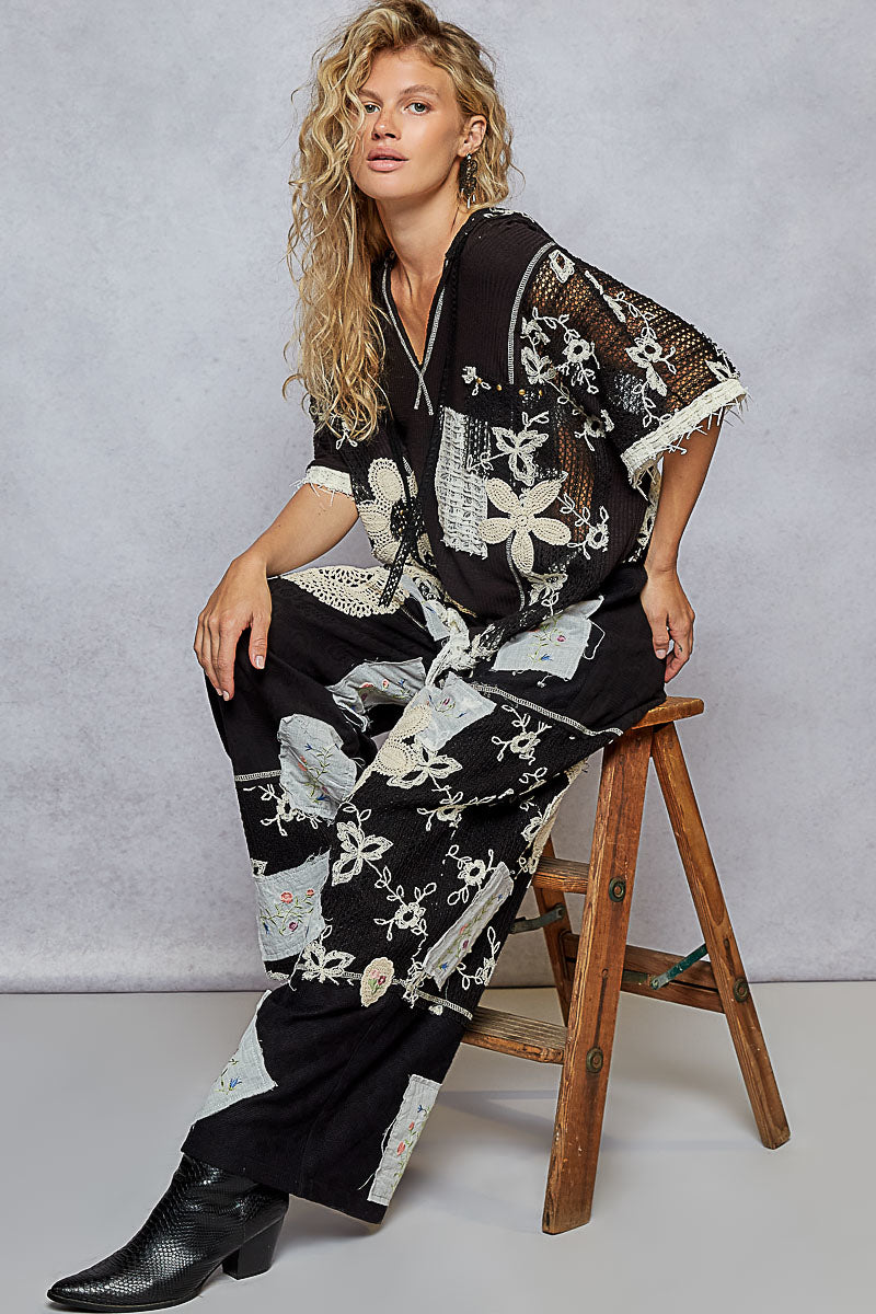 Silvana Loose Fit Hoodie with Lace Detail-Black