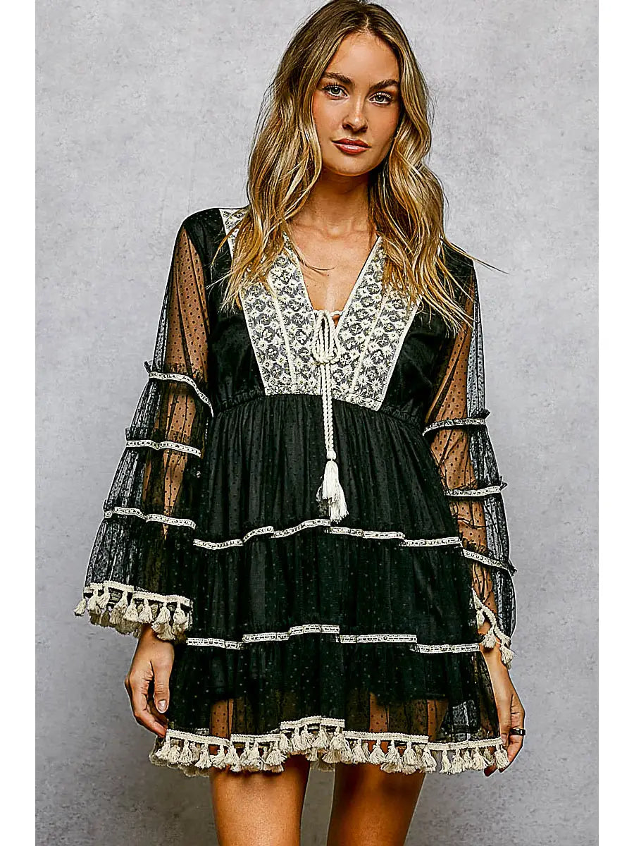 Split Embroidery Tassel Detail V-Neck Flared Short Dress-Black