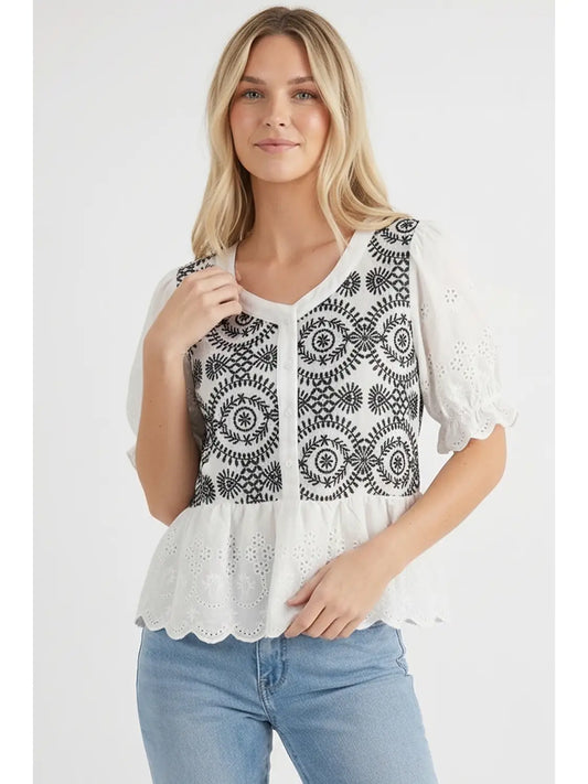 Button Down Eyelet Lace Shirts Blouse-White with Black