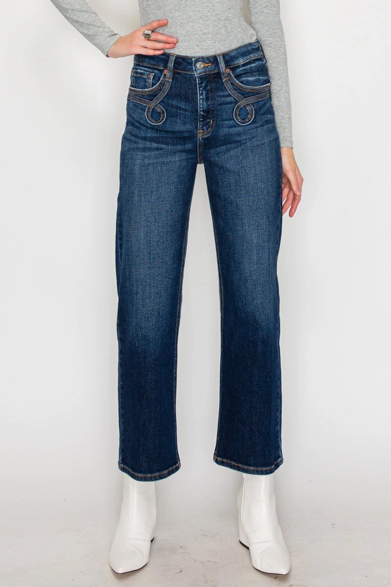 High Rise Straight Western Detail Design Jeans