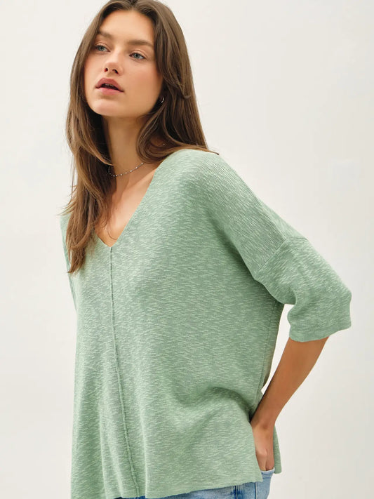 Relaxed Fit 1/2 Sleeve Cotton Slub Sweater-Capri