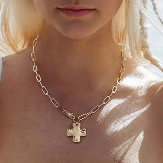 Notable Hammered Cross Front Toggle Necklace Small Gold