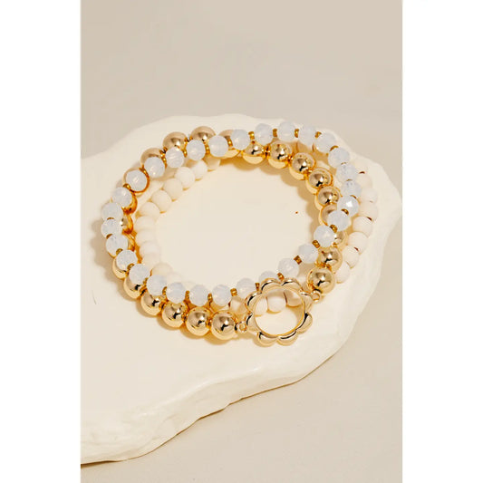 Hoop Charm Mixed Beaded Bracelet Set-White