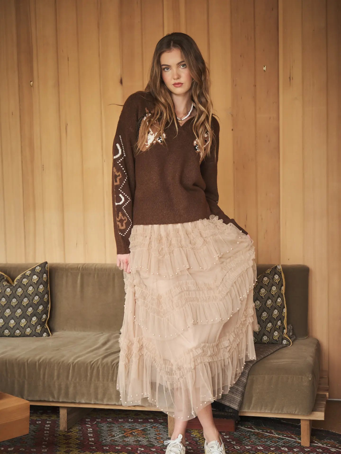 Tiered Ruffle Tulle Skirt with Pearls-Taupe
