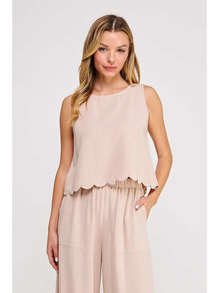 Soft Linen Blend Scallop Edge Tank-Almond