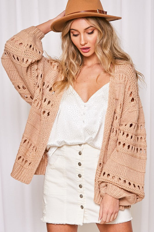 Veli-Balloon Sleeves Knitted Crochet Cardigan-Taupe
