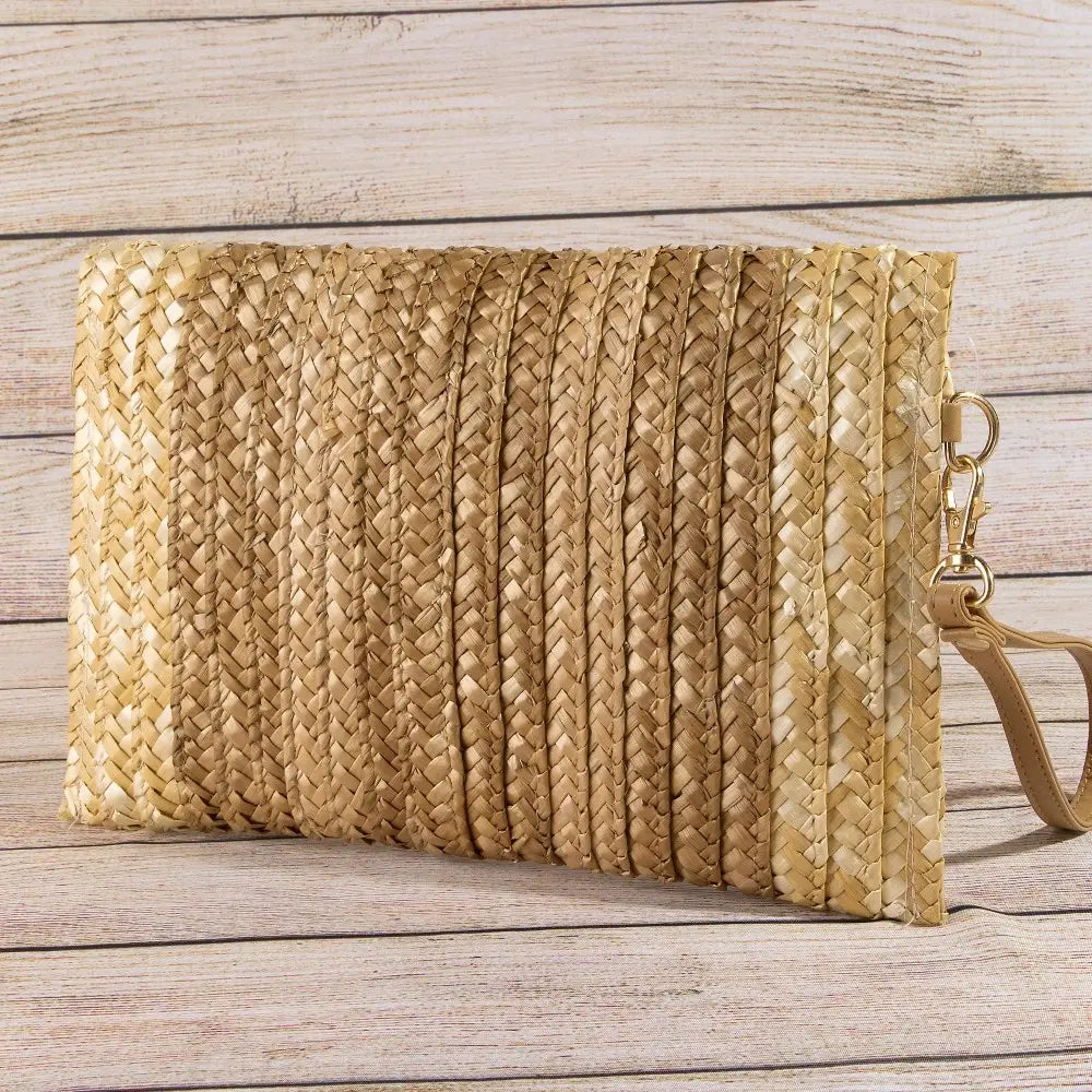Three Tone Straw Clutch Bag-Beige
