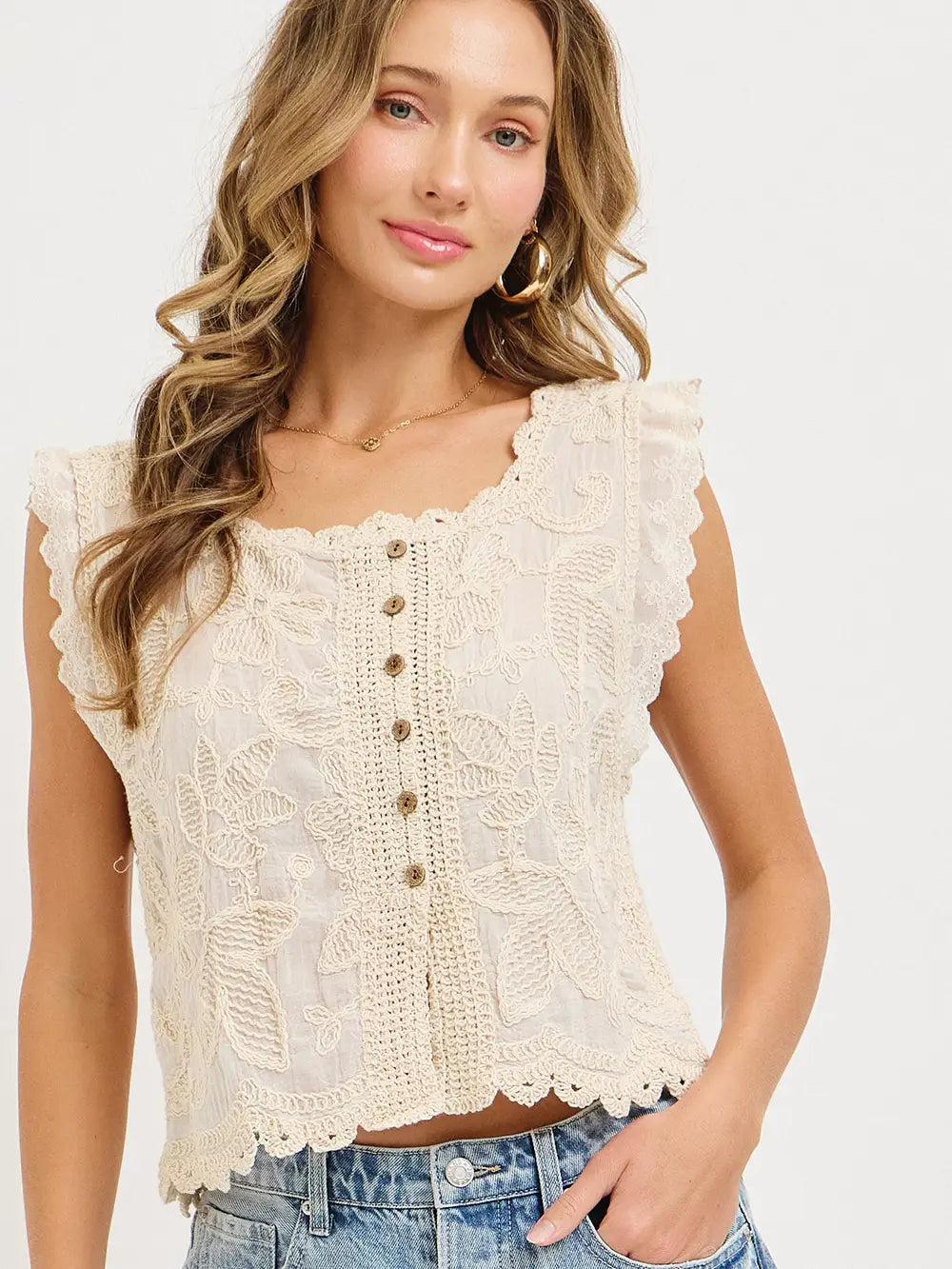 Cotton Gauze Floral Embroidery Crochet Boho Top-Natural