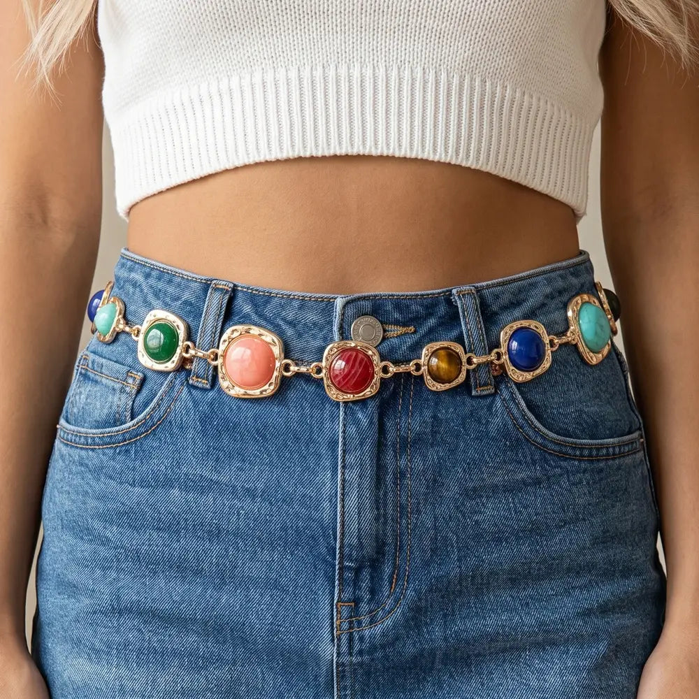 Gemstone Cabochon Station Chain Belt