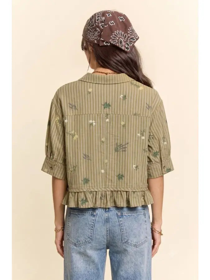 Lia Floral Striped Ruffle Cropped Top-Olive&Mustard