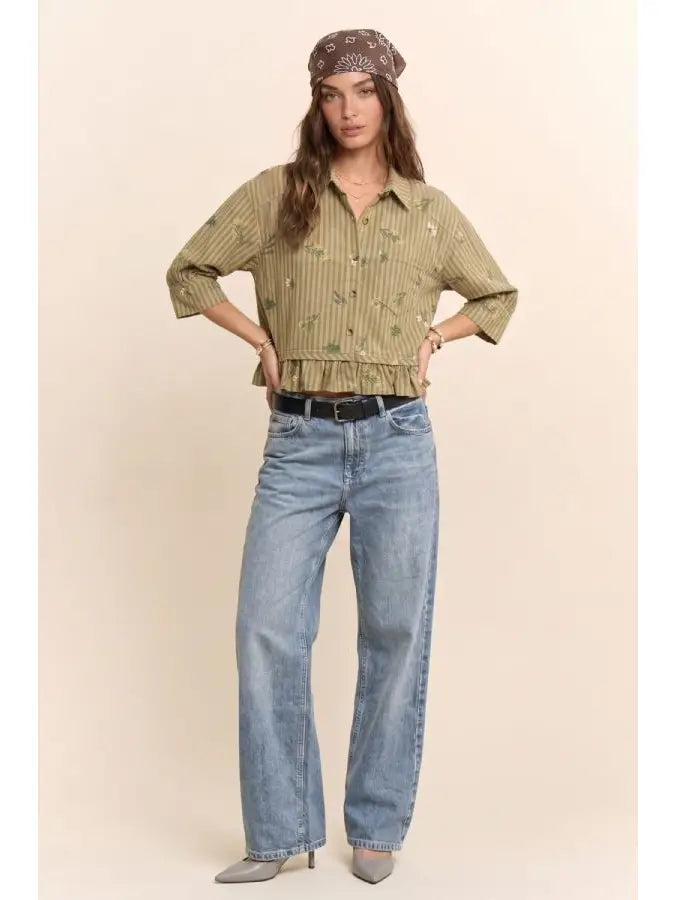 Lia Floral Striped Ruffle Cropped Top-Olive&Mustard