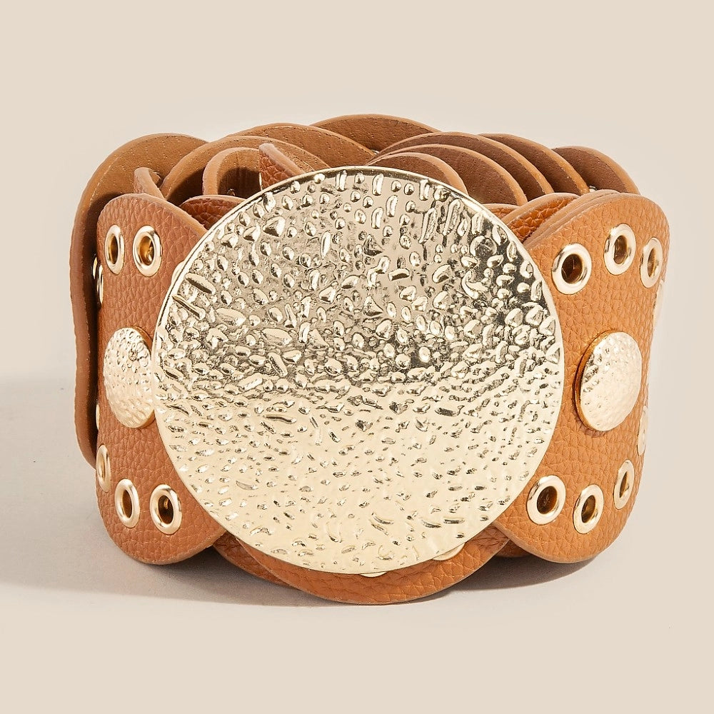 Oval Leather Disc Panel Link Belt-Brown/Gold