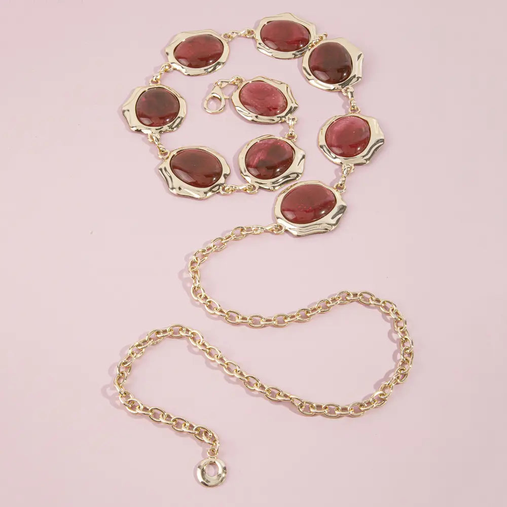 Glossy Oval Cabochon Stone Chain Belt-Burgandy
