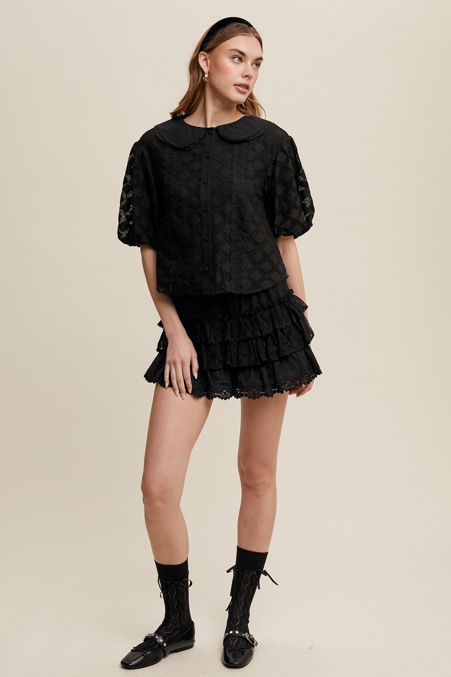 Lace Tiered Shorts with Ruffle Details-Black