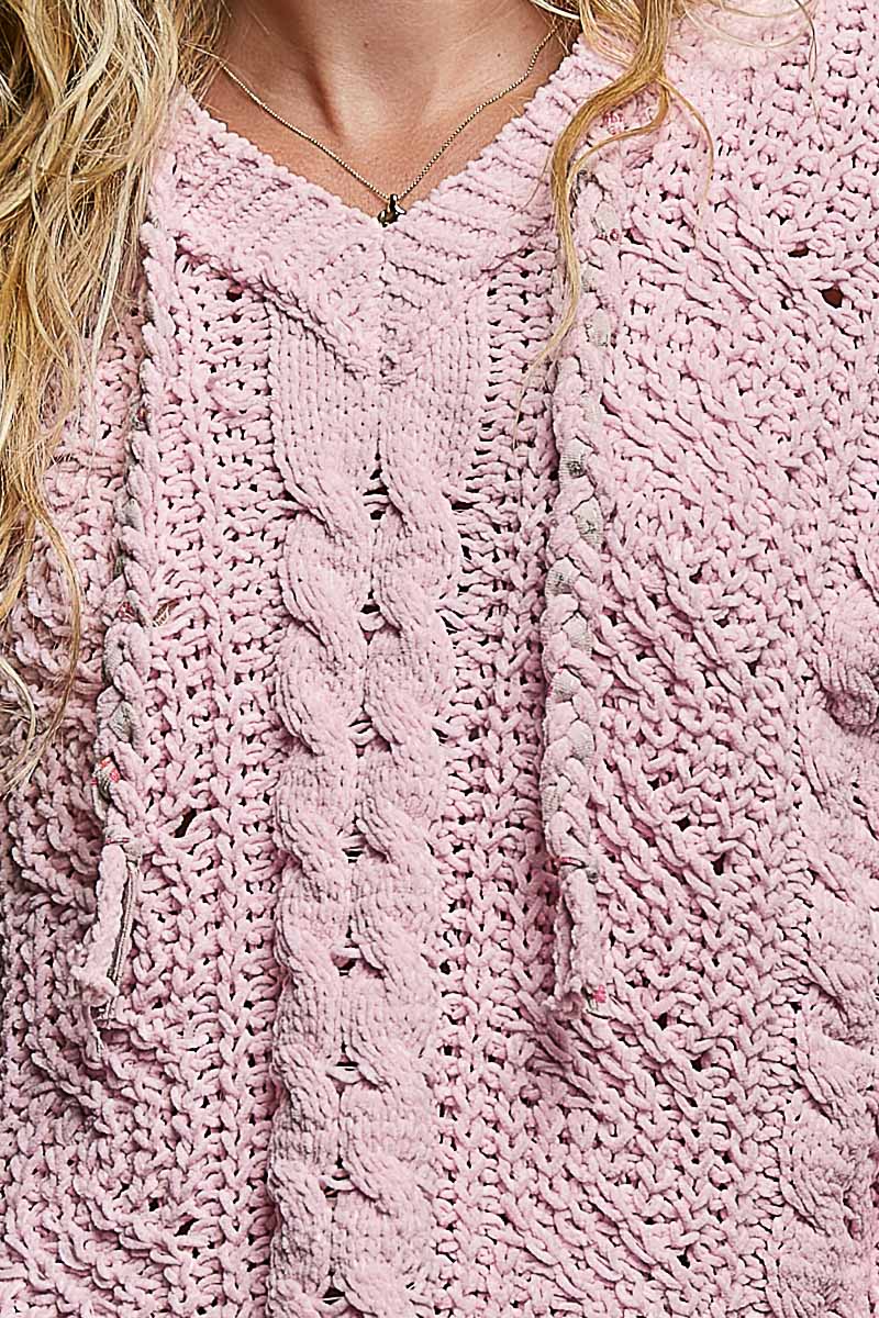 Toni Oversize  Hooded Cable Knit Chenille Sweater-Pale Pink