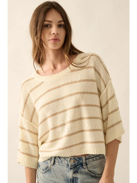 Striped Knit Boat Neck Loose Sweater-Cream/Camel