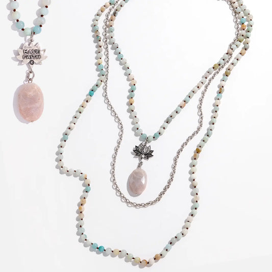 "Have Faith" Lotus Amazonite Long Chain Fusion Necklace-Silver