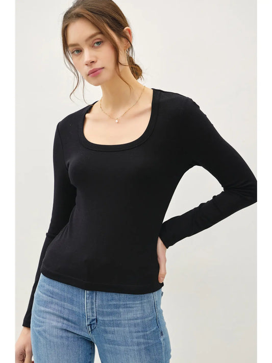 Basic Scoop Neck Long Sleeve Top-Black