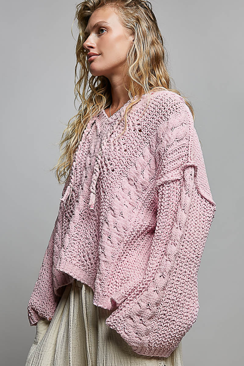 Toni Oversize  Hooded Cable Knit Chenille Sweater-Pale Pink