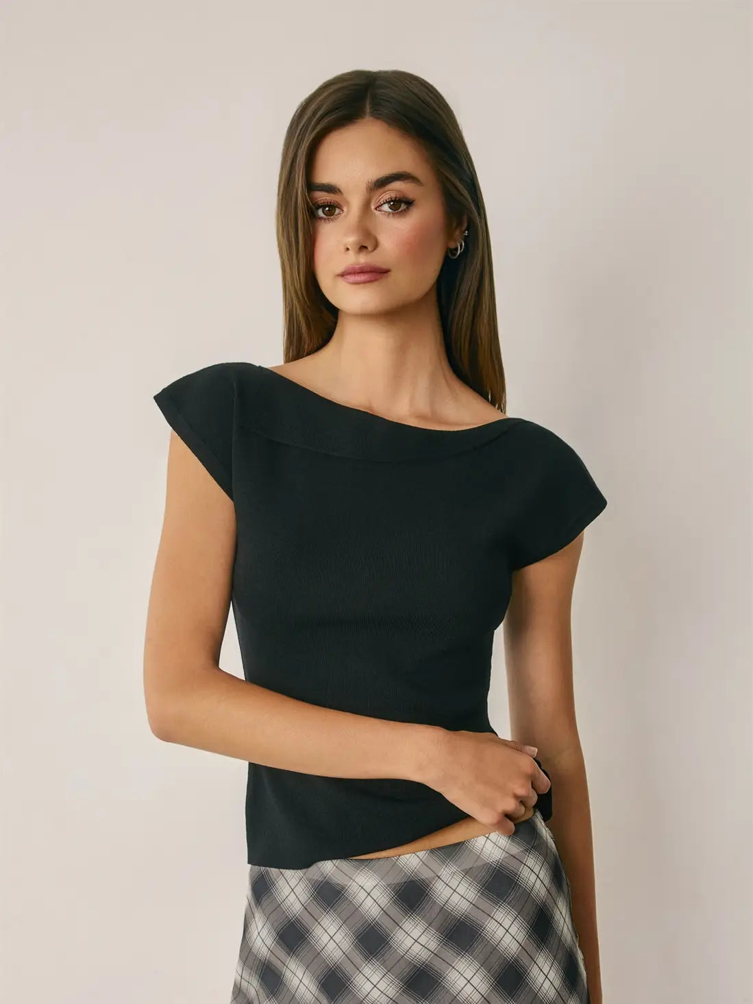 Foldover Boat Neck Cap Sleeve Knit Top-Black