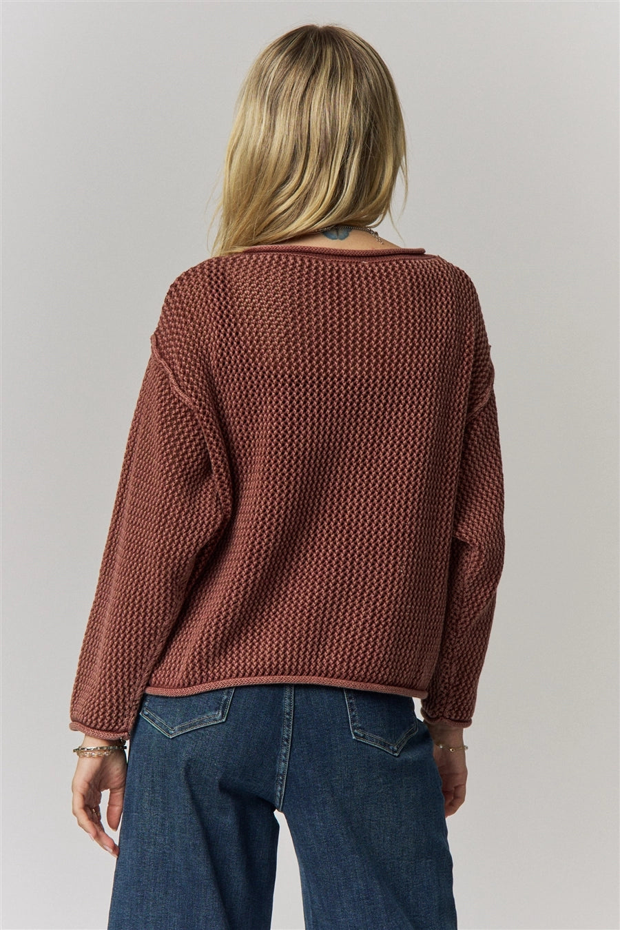 Rolled Hem Textured Knit Sweater Top-Brick