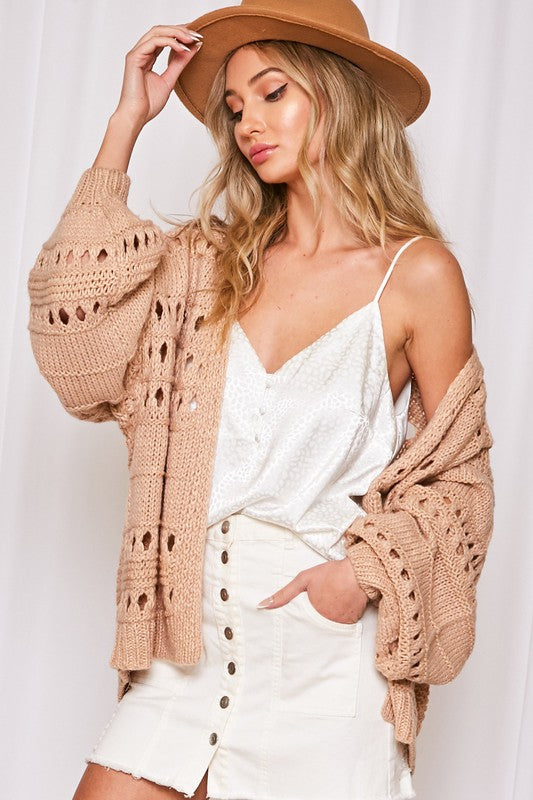 Veli-Balloon Sleeves Knitted Crochet Cardigan-Taupe