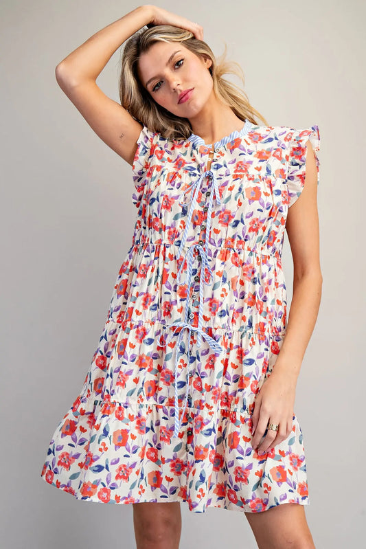 Floral Print Button Down Tiered Mini Dress-Coral