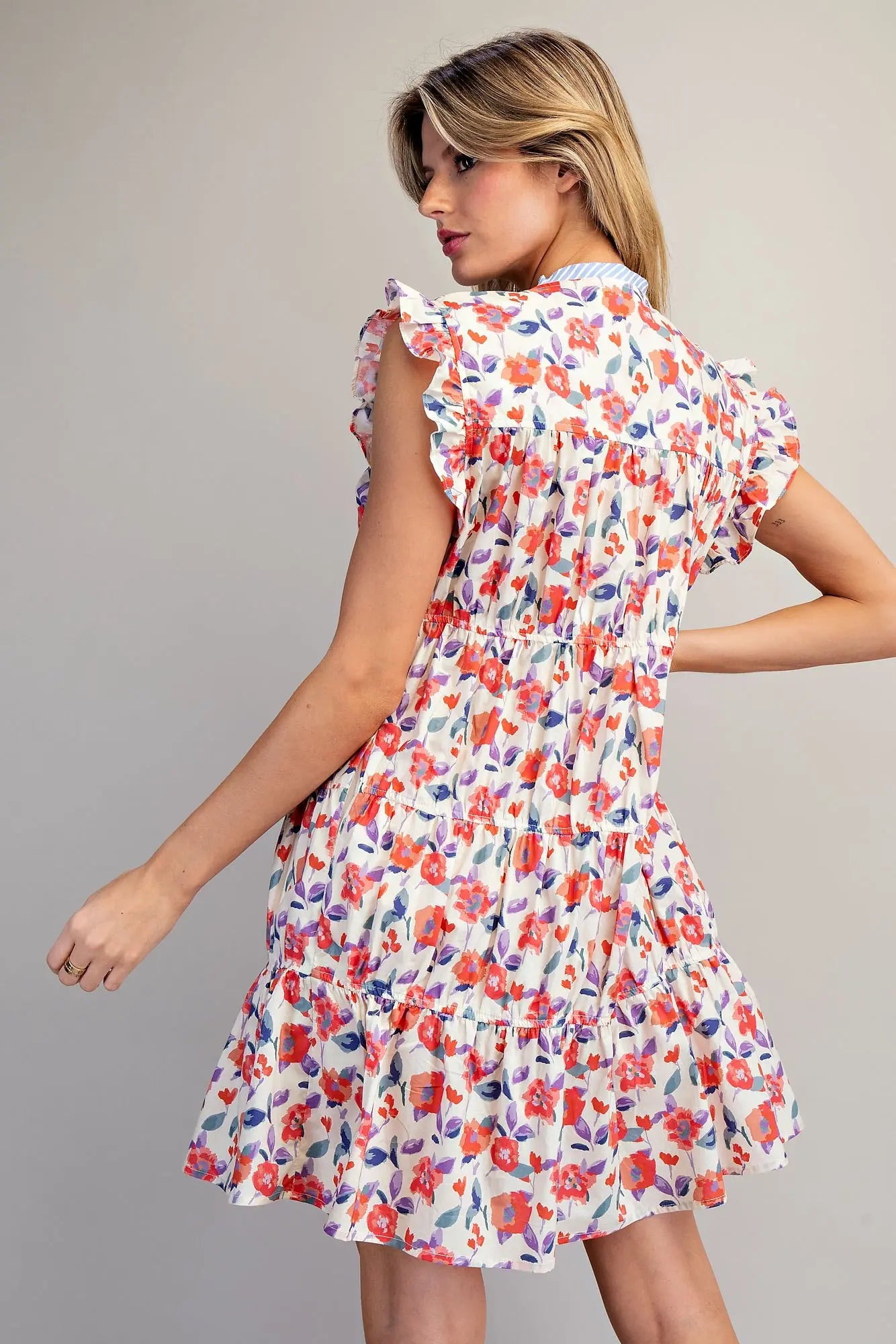 Floral Print Button Down Tiered Mini Dress-Coral