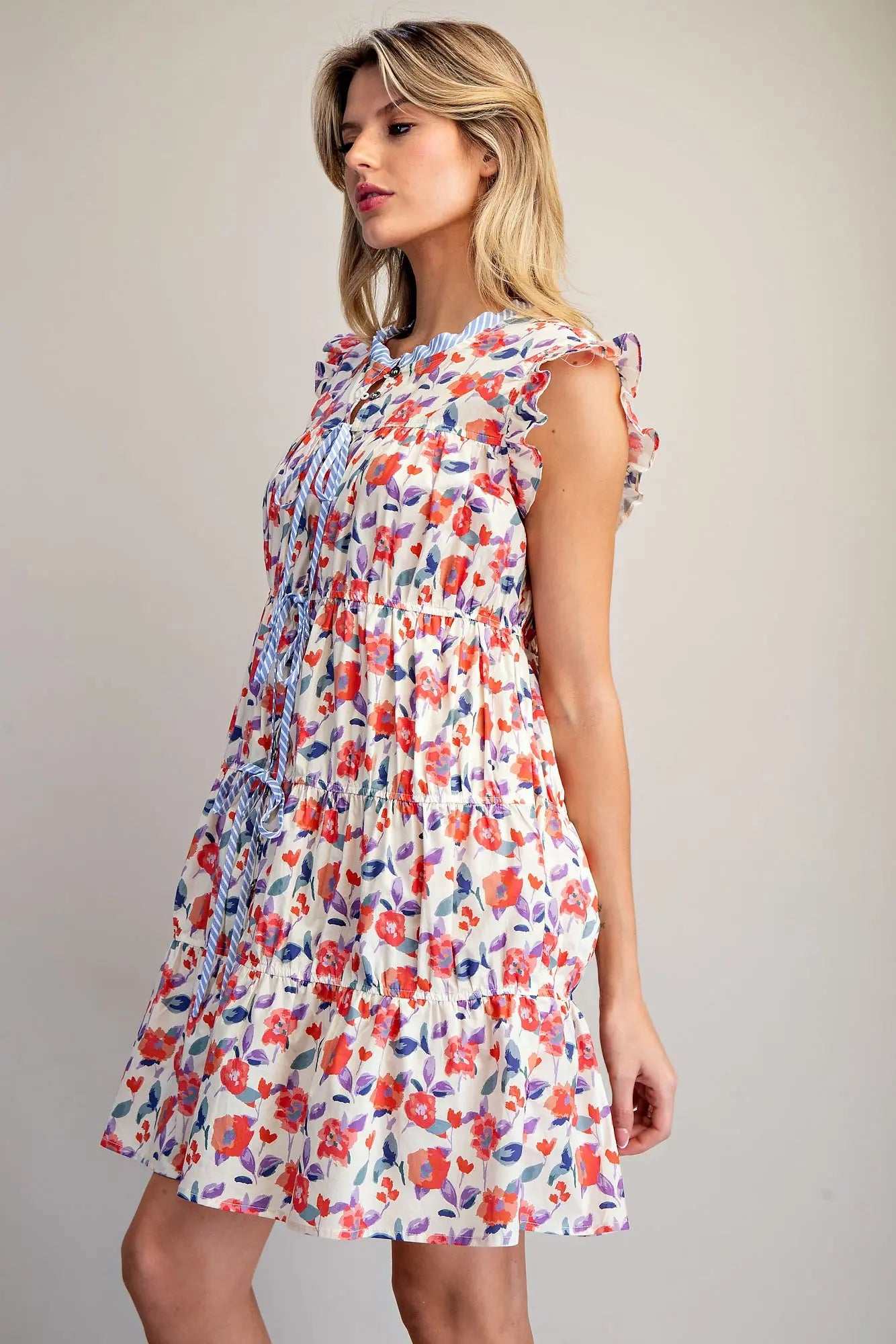 Floral Print Button Down Tiered Mini Dress-Coral