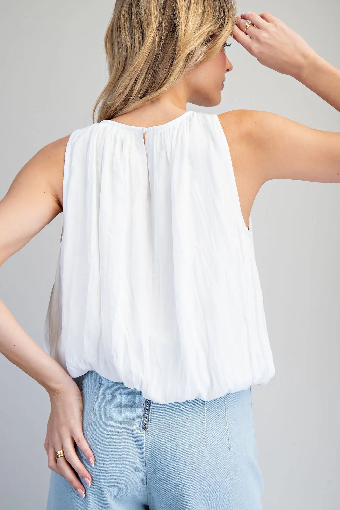 Solid Sleeveless Gathered Blouse-Off White