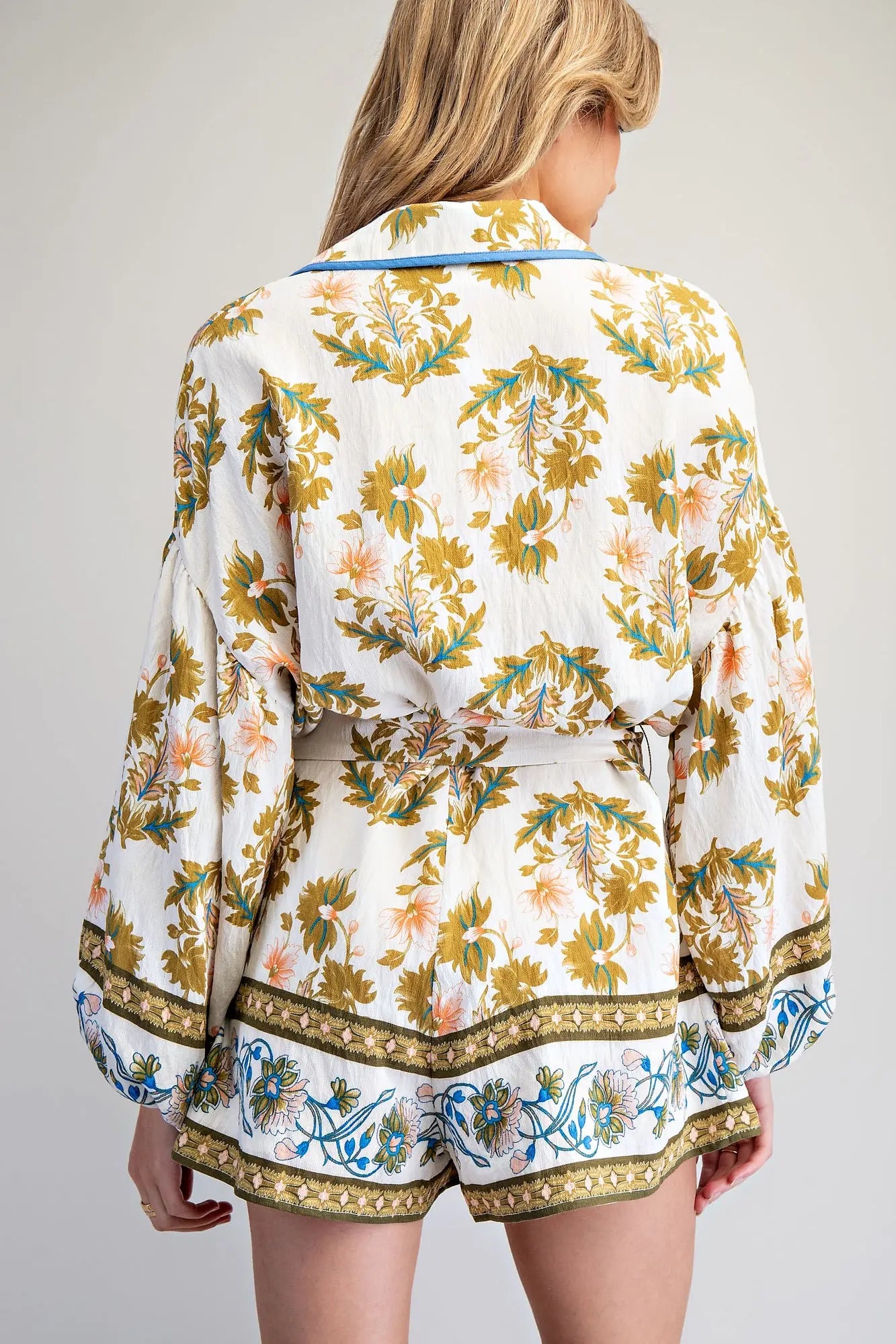 Herb Printed Button Down Bubble Sleeve Romper