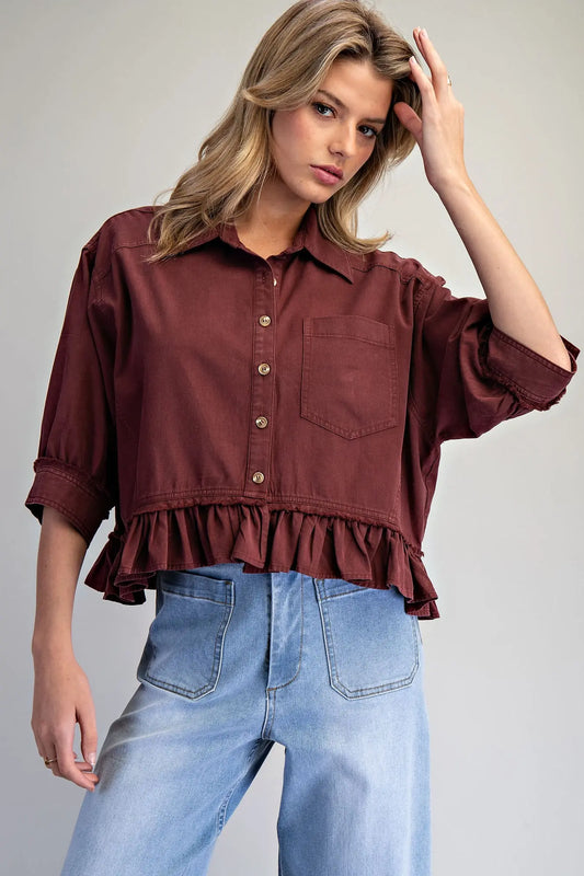 Cade Button Down Half Sleeve Ruffle Hem Shirt-Wine