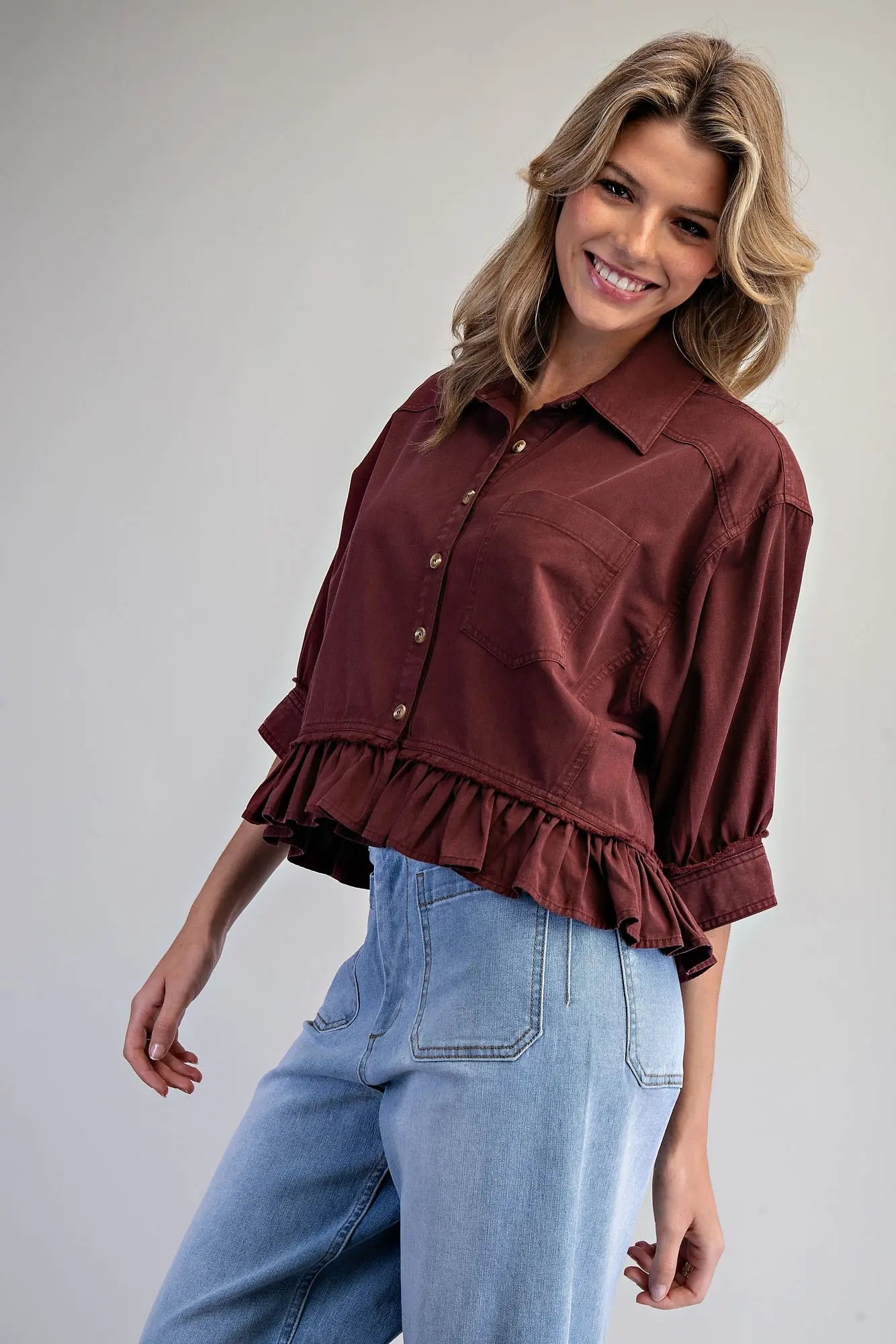Cade Button Down Half Sleeve Ruffle Hem Shirt-Wine