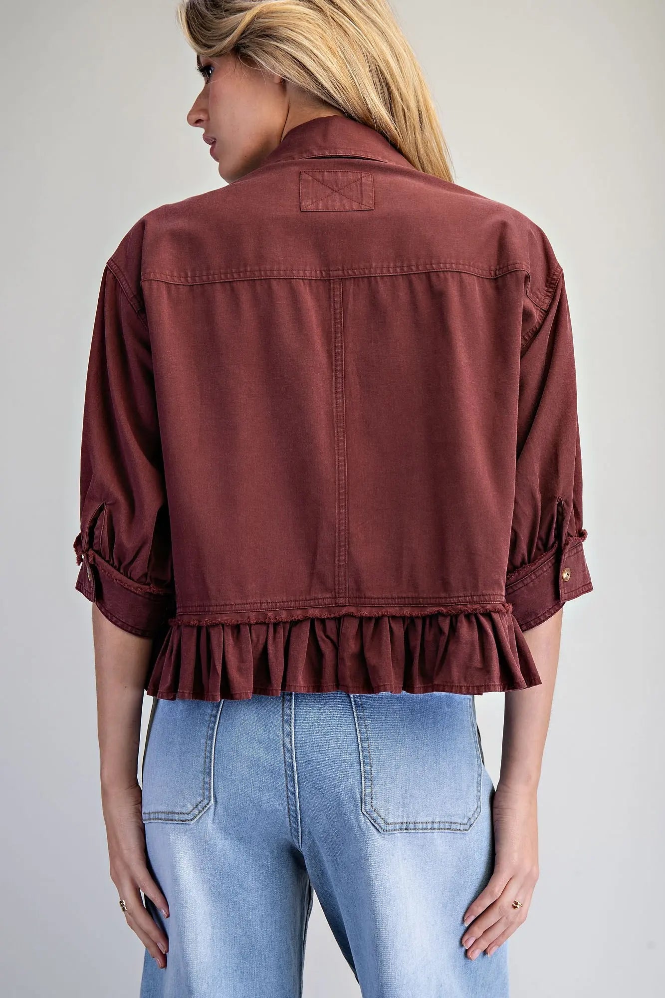 Cade Button Down Half Sleeve Ruffle Hem Shirt-Wine