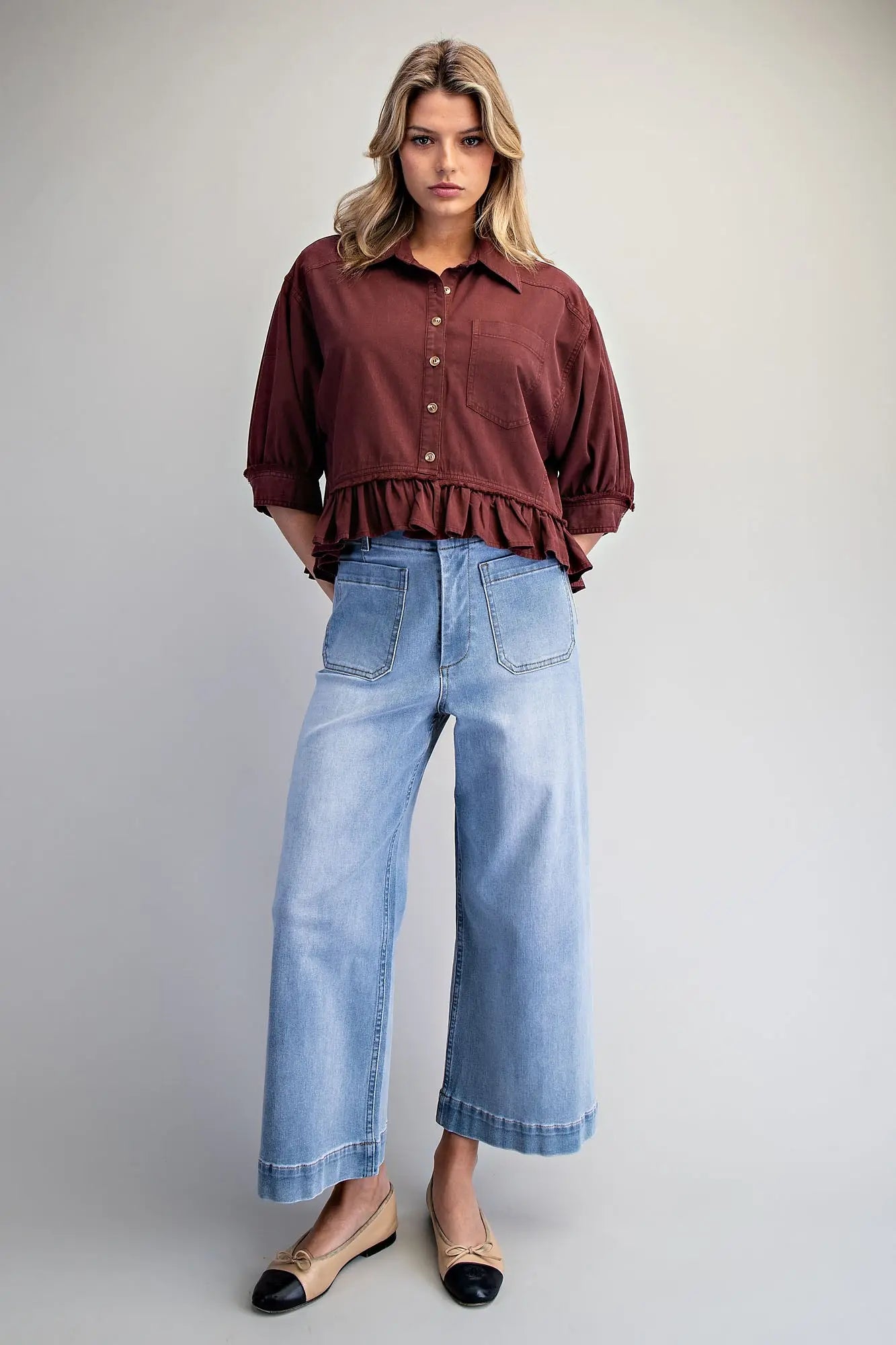 Cade Button Down Half Sleeve Ruffle Hem Shirt-Wine