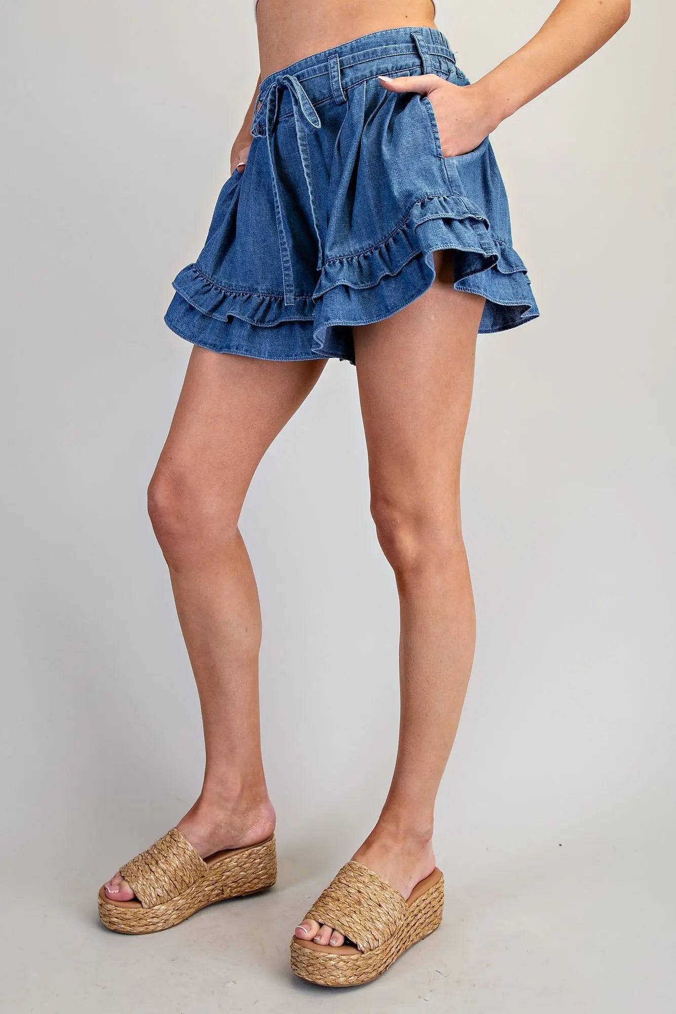 Denim Drawstring Ruffle Tiered Shorts-Dark