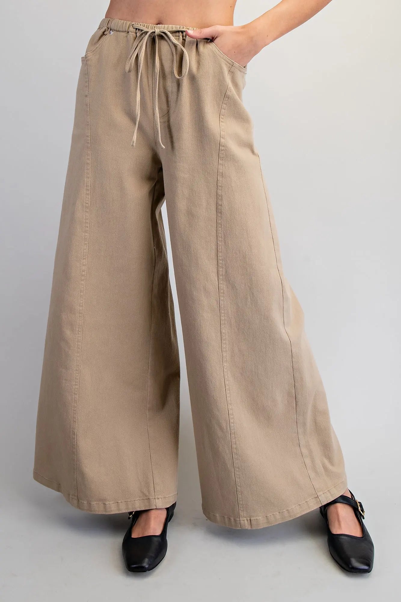 Tawny Mineral Washed Waist Tie Wide Leg Pants-Taupe