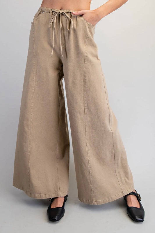 Tawny Mineral Washed Waist Tie Wide Leg Pants-Taupe
