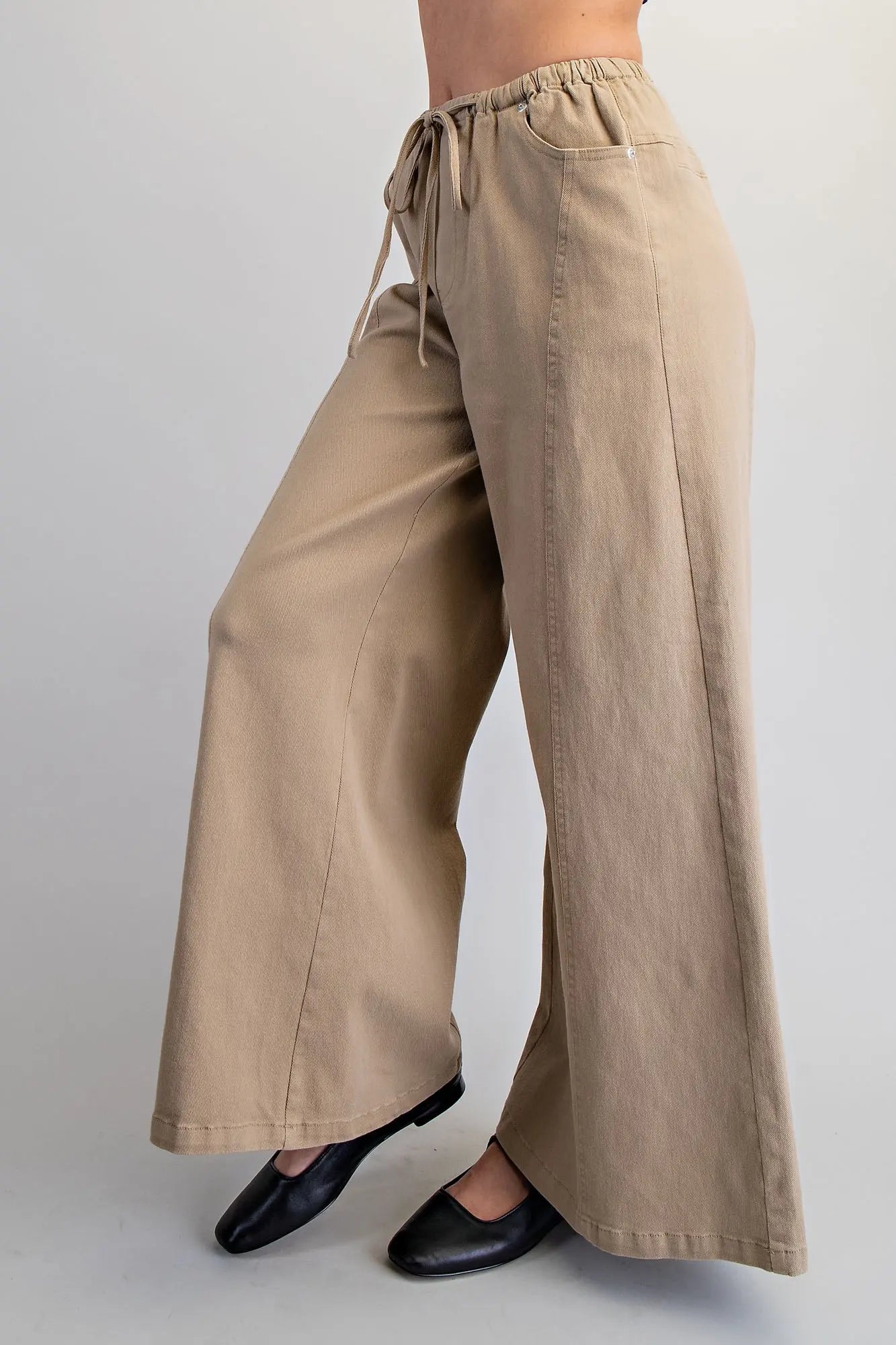 Tawny Mineral Washed Waist Tie Wide Leg Pants-Taupe